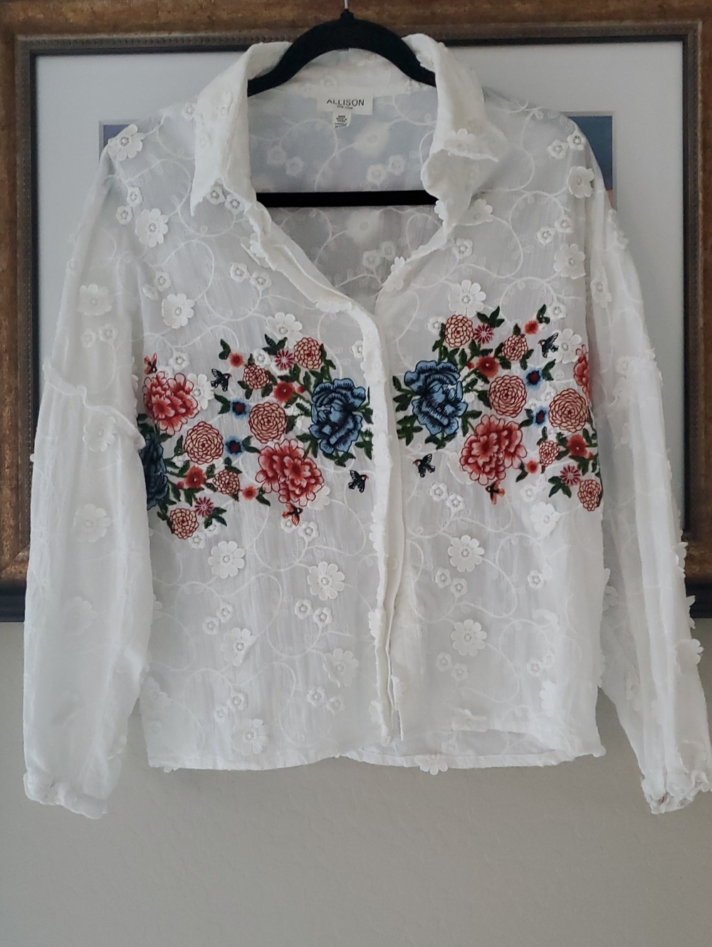 Allison White Sheer Button-Down Shirt with Floral and Bird Embroidery
